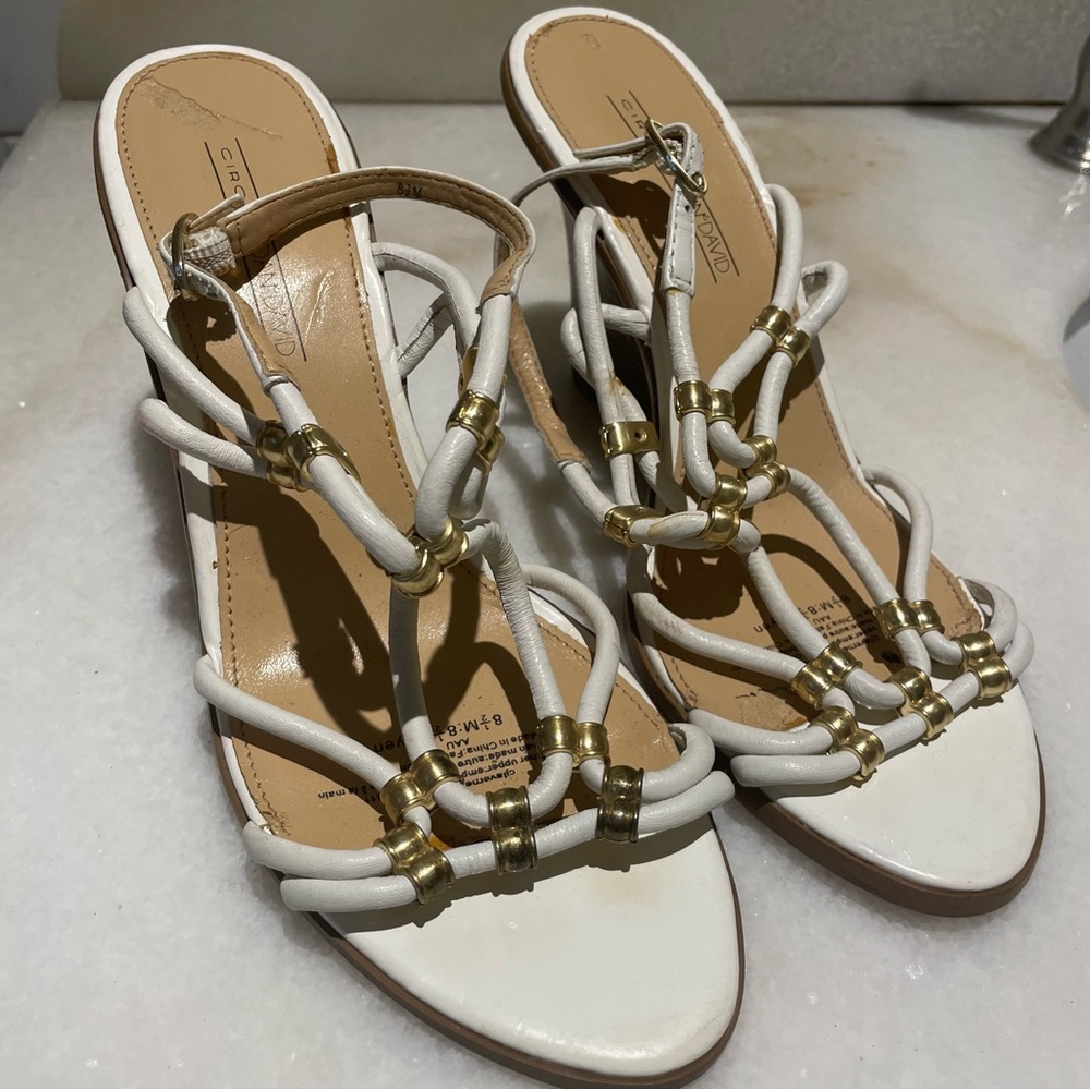 Circa Joan & David Leather White and Gold Sandals with Metallic Accents